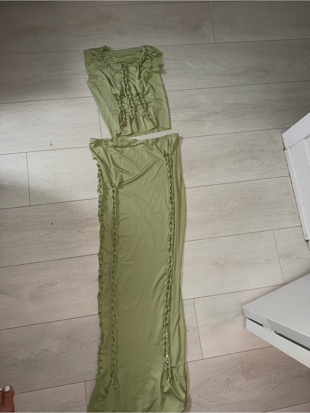 Olive Green Ruching Maxi Skirt Set